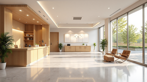 宽敞明亮的现代化办公室接待区，前台工作人员正在接待访客，体现公司的专业形象