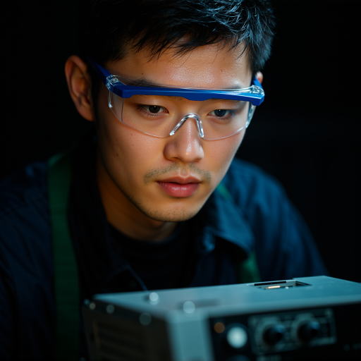 三十五岁左右男性头像，穿白色衬衫，黑色背景，戴眼镜，眼神专注，体现技术专家的专业素养