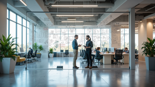 现代化办公室内部，年轻技术人员正在讨论项目，墙上挂着公司愿景标语，展现积极向上的工作氛围
